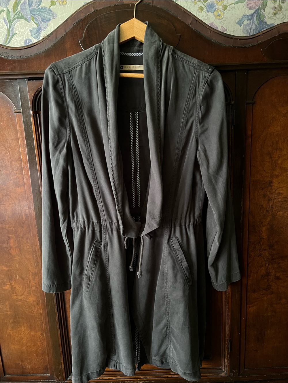 Max Jeans Grey Drawstring Draped Long top or layering jacket .